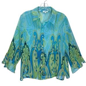 NICOLA Vibrant Blue & Green Semi-Sheer Blouse 3/4 Sleeves w/ Ruffle Edge - Large